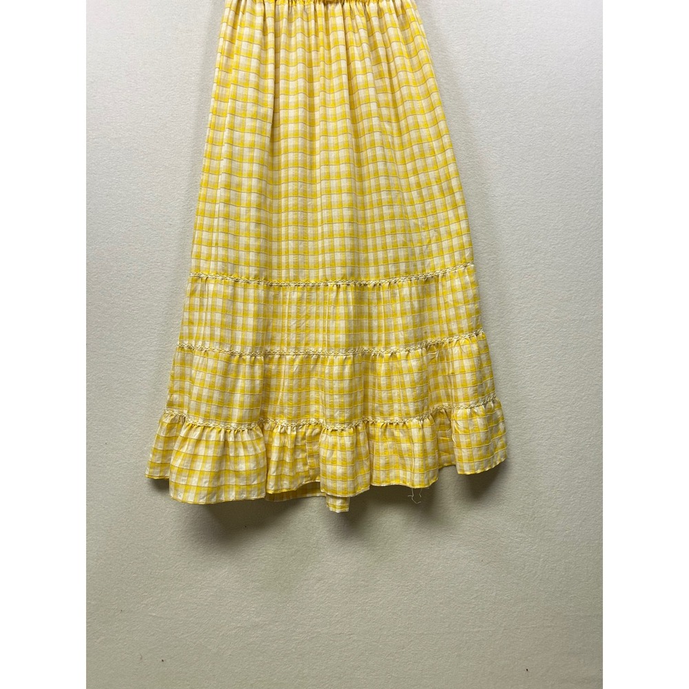Max Studio Yellow Gingham Tiered Maxi Dress Ruffle Neckline Elastic Waist Size S - Picture 4 of 8